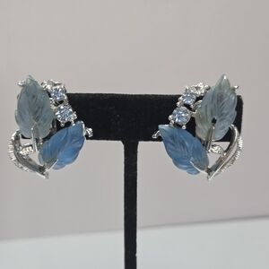 vintage  blue satin lucite silver tone 70s clip on earrings blue rhinestones
